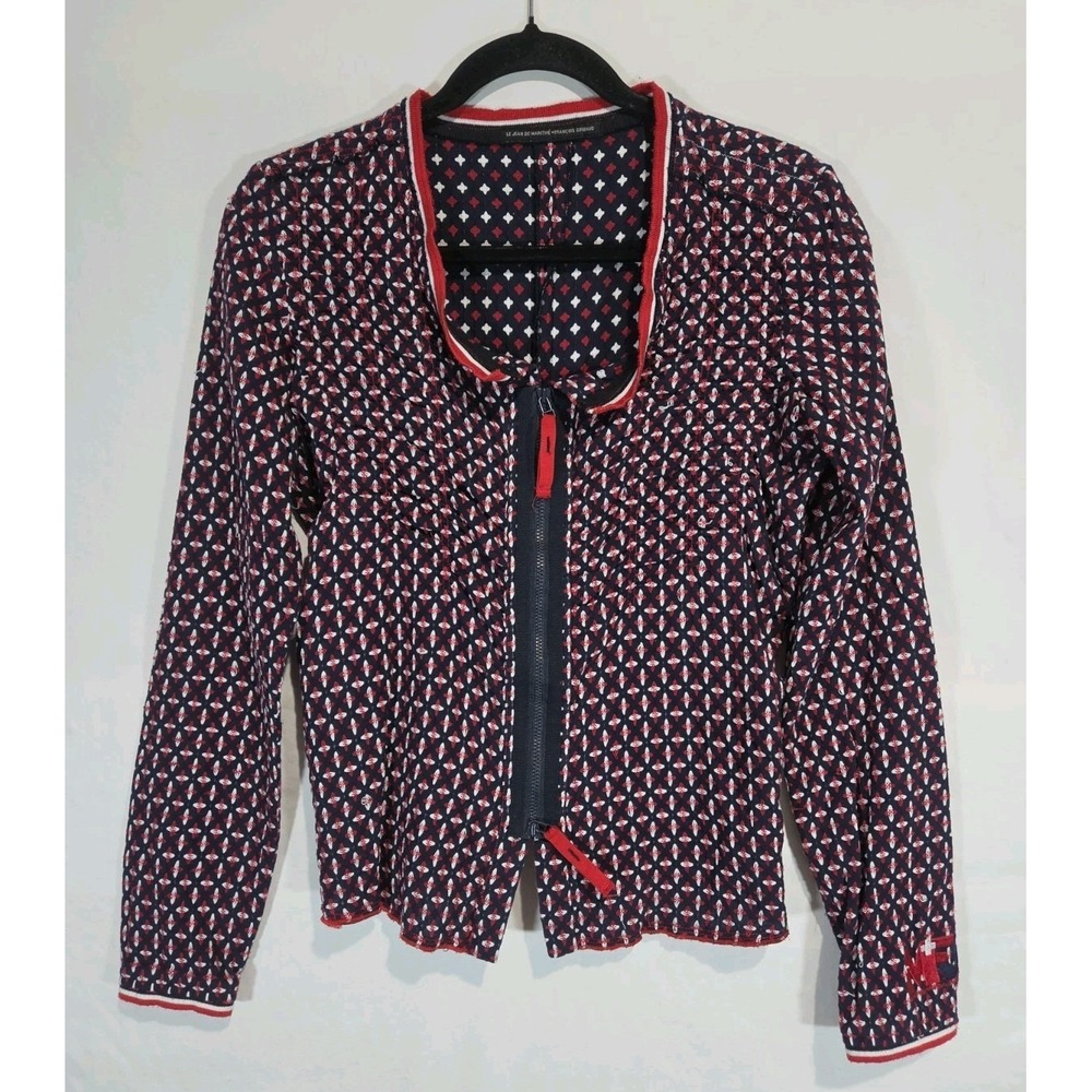 Y2K Marithe Francois Girbaud Zip‎ Up Cardigan Women L Navy Red Geometric Ruched